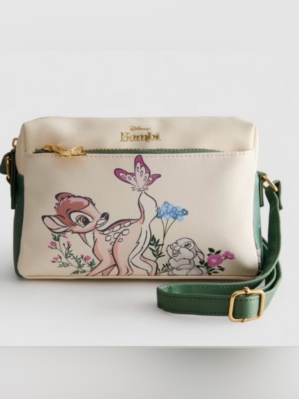 NWT Disney Bambi Cream Crossbody with Green Strap and Floral Artwork